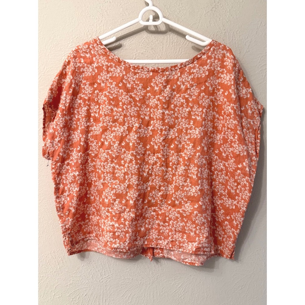 Rachel Zoe Coarl Floral 100% Linen Button Back Short Sleeve Blouse Large